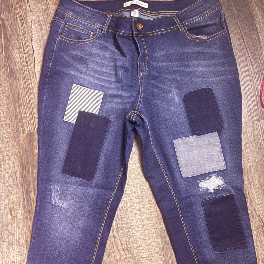 C est 1946 denim stretch jeans 18w women's patchwork tapered distressed highrise
